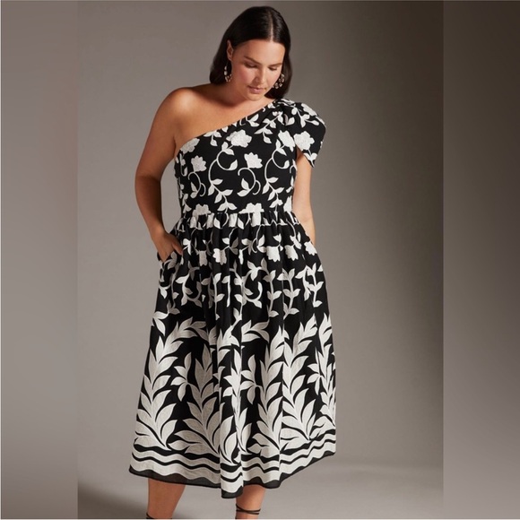 Anthropologie Dresses & Skirts - Anthropologie + Plus Embroidered One Shoulder Midi Dress Black White Size 20W